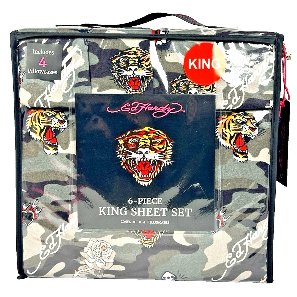 Ed Hardy King Sheet Set‎ 6 Piece Camo Tiger 4 Pillowcases New